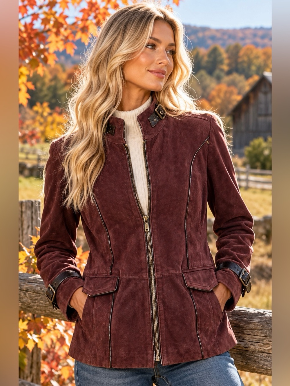 Bradley Bayou Genuine Leather Suede Jacket S Burgundy Moto Buckle Designer